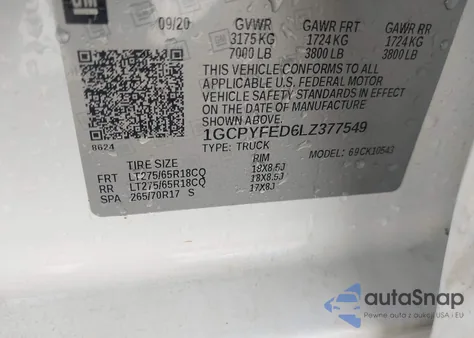 2020 Chevrolet Silverado K1500 Lt Trail Boss из США, поврежденный, VIN 1GCPYFED6LZ377549